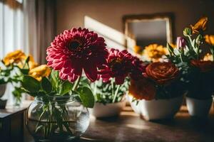 bloemen in vazen Aan een tafel. ai-gegenereerd foto