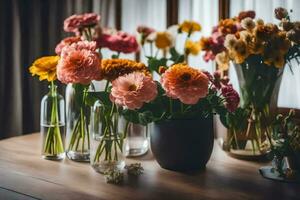 bloemen in vazen Aan een tafel. ai-gegenereerd foto