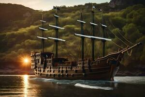 een houten schip in de water Bij zonsondergang. ai-gegenereerd foto