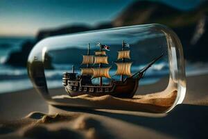 schip in een fles, zand, strand, oceaan, zand, oceaan, zand, strand,. ai-gegenereerd foto