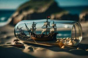 een schip in een fles Aan de strand. ai-gegenereerd foto