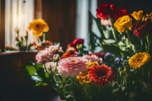 bloemen in een vaas Aan een tafel. ai-gegenereerd foto