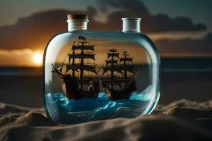 schip in een fles, zonsondergang, zonsondergang, zonsondergang, zonsondergang, zonsondergang, zonsondergang, zonsondergang,. ai-gegenereerd foto