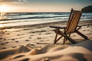 een strand stoel zit Aan de zand Bij zonsondergang. ai-gegenereerd foto