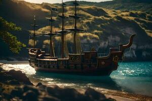 een piraat schip is aangemeerd Aan de strand. ai-gegenereerd foto