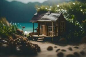 klein huis Aan de strand door de zee. ai-gegenereerd foto