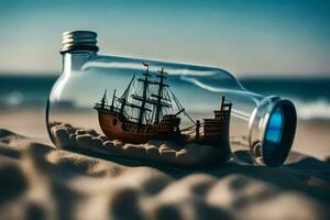 schip in een fles Aan de strand. ai-gegenereerd foto