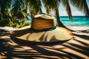 een hoed zit Aan de zand in de buurt palm bomen. ai-gegenereerd foto