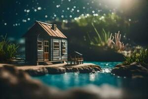 een miniatuur huis Aan een klein eiland in de water. ai-gegenereerd foto