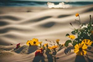 bloemen groeit in de zand Aan een strand. ai-gegenereerd foto