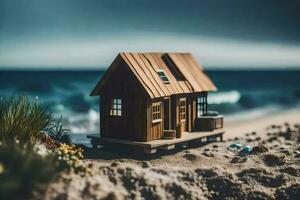 een miniatuur houten huis Aan de strand. ai-gegenereerd foto