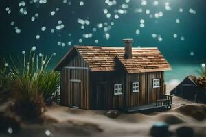 een miniatuur huis in de zand met regendruppels. ai-gegenereerd foto