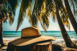 rietje hoed Aan palm boom Aan strand. ai-gegenereerd foto