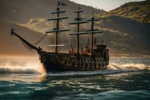 een piraat schip in de oceaan met bergen in de achtergrond. ai-gegenereerd foto