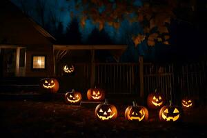 halloween pompoenen lit omhoog in de donker buiten een huis. ai-gegenereerd foto