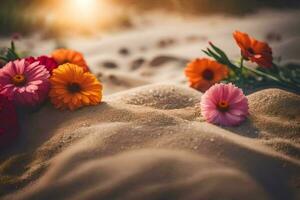 foto behang zand, bloemen, de zon, de strand, bloemen, bloemen, bloemen, bloemen. ai-gegenereerd