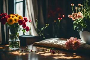 bloemen in vazen Aan een tafel in de buurt een venster. ai-gegenereerd foto