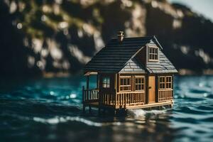 een miniatuur huis drijvend in de oceaan. ai-gegenereerd foto