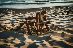 een houten stoel zit Aan de zand Bij de strand. ai-gegenereerd foto