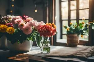 bloemen in vazen Aan een tafel in voorkant van een venster. ai-gegenereerd foto