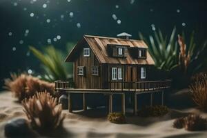een miniatuur huis in de zand met sterren. ai-gegenereerd foto