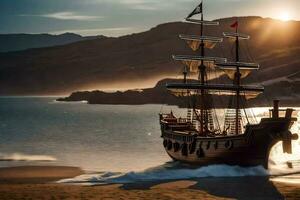 een piraat schip is Aan de strand Bij zonsondergang. ai-gegenereerd foto