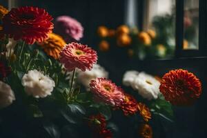 bloemen in een vaas Aan een venster dorpel. ai-gegenereerd foto