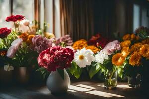 bloemen in vazen Aan een vensterbank. ai-gegenereerd foto