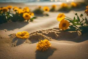 foto behang de strand, bloemen, zand, zon, bloemen, bloemen, bloemen, bloemen,. ai-gegenereerd