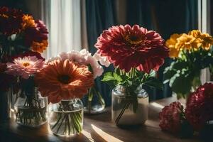 bloemen in potten Aan een vensterbank. ai-gegenereerd foto