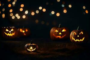 halloween pompoenen in de donker met lichten. ai-gegenereerd foto