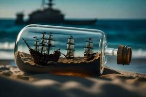 schip in een fles Aan de strand. ai-gegenereerd foto