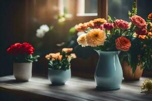 bloemen in vazen Aan een tafel. ai-gegenereerd foto