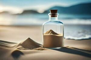 zand in een fles Aan de strand. ai-gegenereerd foto