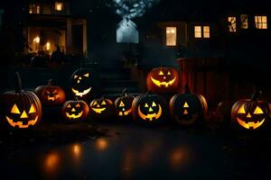 halloween pompoenen in voorkant van een huis Bij nacht. ai-gegenereerd foto