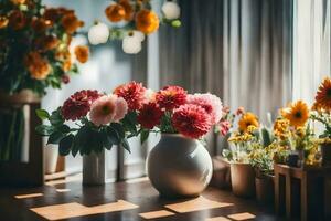 bloemen in vazen Aan een tafel in voorkant van een venster. ai-gegenereerd foto