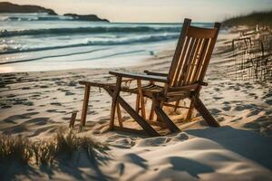 een stoel zit Aan de strand Bij zonsondergang. ai-gegenereerd foto