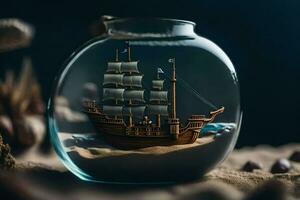 een miniatuur schip in een glas fles Aan een strand. ai-gegenereerd foto