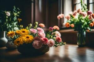 bloemen in een mand Aan een tafel in voorkant van een venster. ai-gegenereerd foto