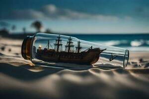 een schip in een fles Aan de strand. ai-gegenereerd foto