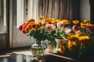 bloemen in vazen Aan een tafel in voorkant van een venster. ai-gegenereerd foto