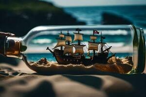 een schip in een fles Aan de strand. ai-gegenereerd foto