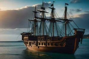 een piraat schip in de oceaan Bij zonsondergang. ai-gegenereerd foto