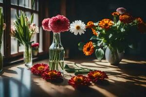 bloemen in vazen Aan een tafel in voorkant van een venster. ai-gegenereerd foto