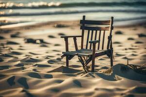 een houten stoel zit Aan de zand in de buurt de oceaan. ai-gegenereerd foto