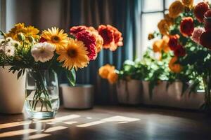 een vaas van bloemen zittend Aan een tafel in de buurt een venster. ai-gegenereerd foto