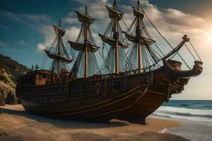 een piraat schip Aan de strand. ai-gegenereerd foto
