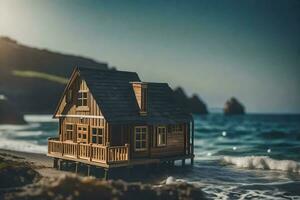 een miniatuur houten huis Aan de strand. ai-gegenereerd foto