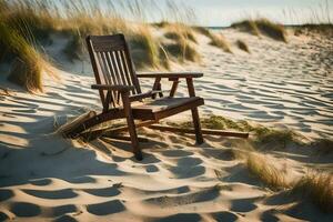 een stoel zit Aan de zand in voorkant van een strand. ai-gegenereerd foto