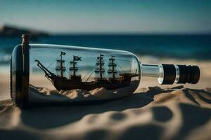 schip in een fles Aan de strand. ai-gegenereerd foto